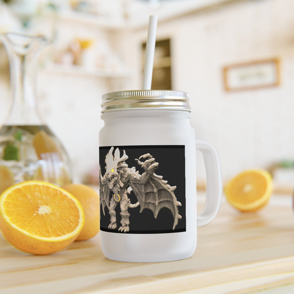 Rock Creature Mason Jar made of frosted glass with a straw and lid, perfect for personalized drinks.