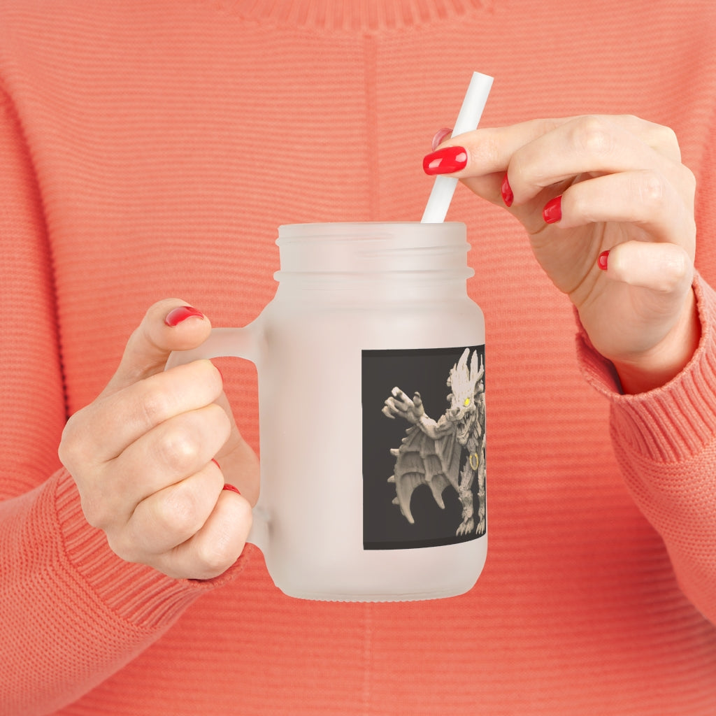 Rock Creature Mason Jar made of frosted glass with a straw and lid, perfect for personalized drinks.