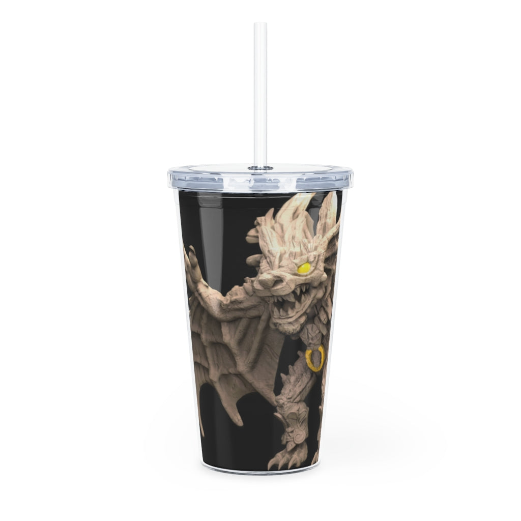 Rock Creature Plastic Tumbler with Straw, featuring a customizable design and double wall insulation, perfect for drinks at events.