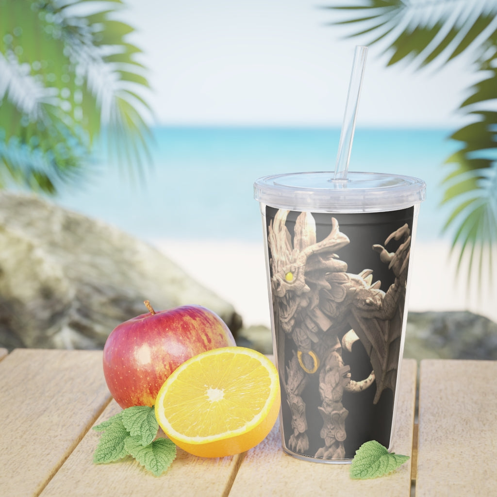 Rock Creature Plastic Tumbler with Straw, featuring a customizable design and double wall insulation, perfect for drinks at events.