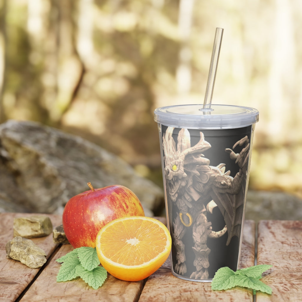 Rock Creature Plastic Tumbler with Straw, featuring a customizable design and double wall insulation, perfect for drinks at events.