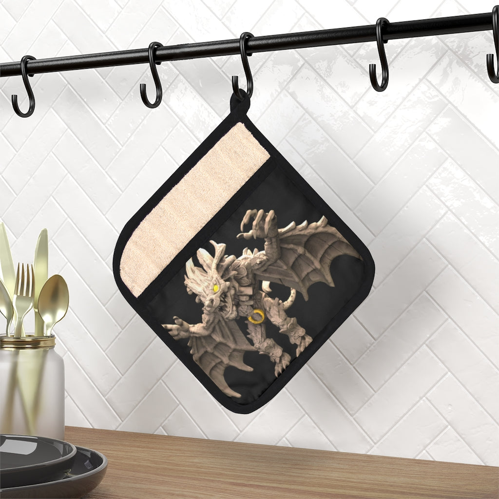 Rock Creature Pot Holder with Pocket, featuring a unique design and black cotton hanging loop, perfect for kitchen use.