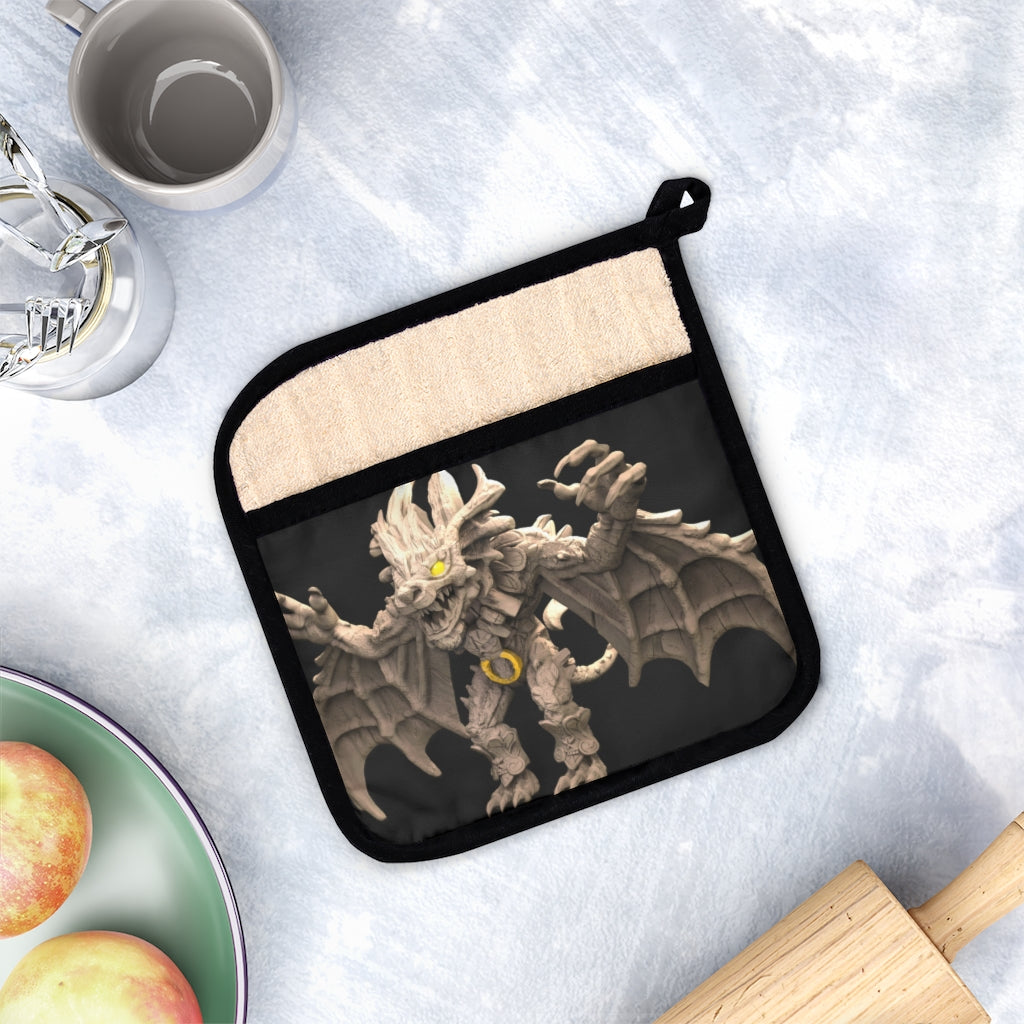 Rock Creature Pot Holder with Pocket, featuring a unique design and black cotton hanging loop, perfect for kitchen use.