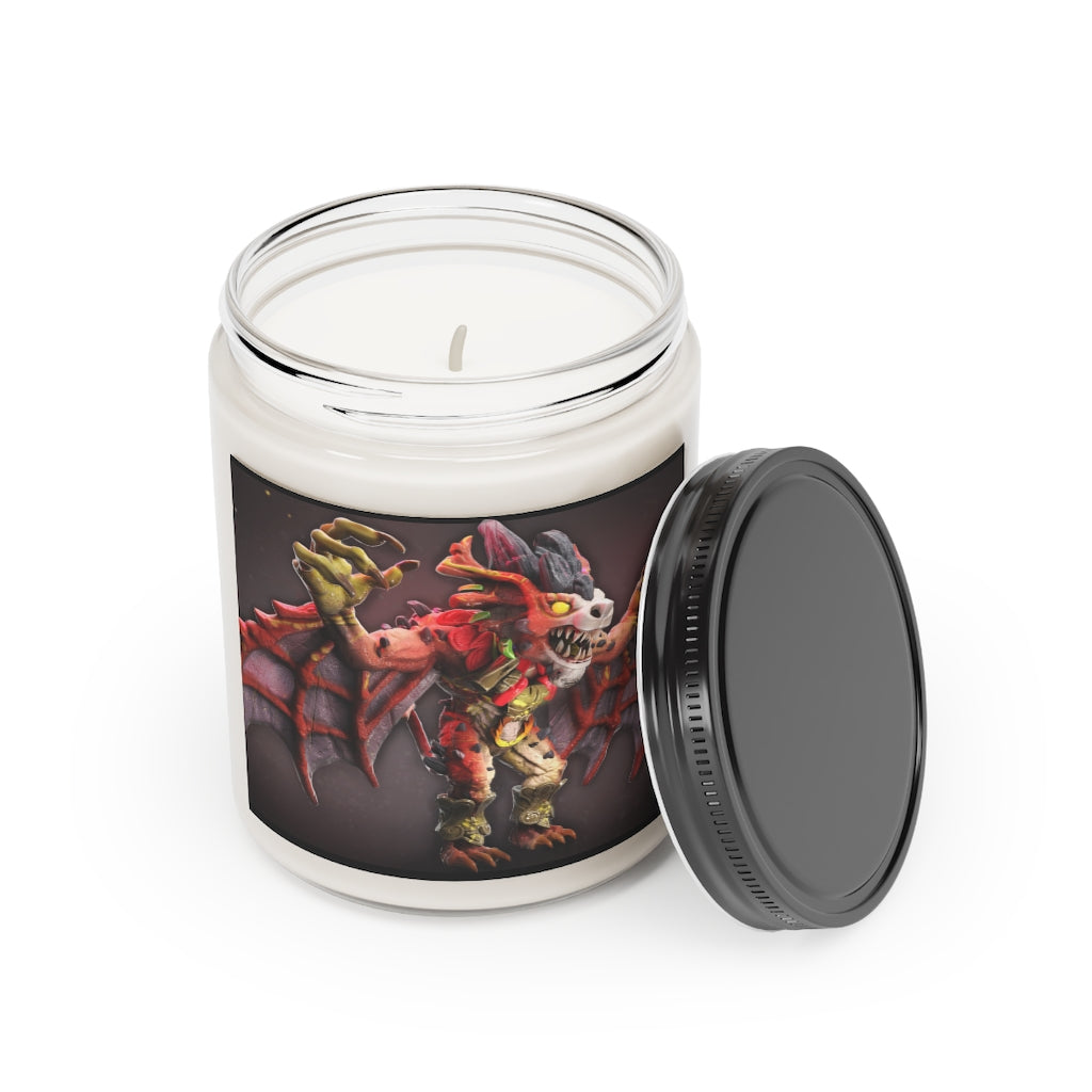 Rock Creature Scented Candle in a glass container, featuring a permanent label, showcasing its soothing Cinnamon Stick and Vanilla fragrances.