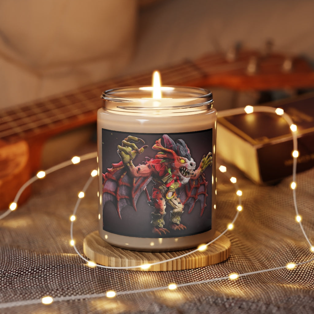 Rock Creature Scented Candle in a glass container, featuring a permanent label, showcasing its soothing Cinnamon Stick and Vanilla fragrances.