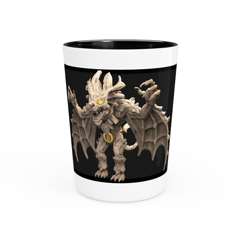 A personalized Rock Creature Shot Glass made of white ceramic with a customizable black or white interior, perfect for gatherings and gifts.