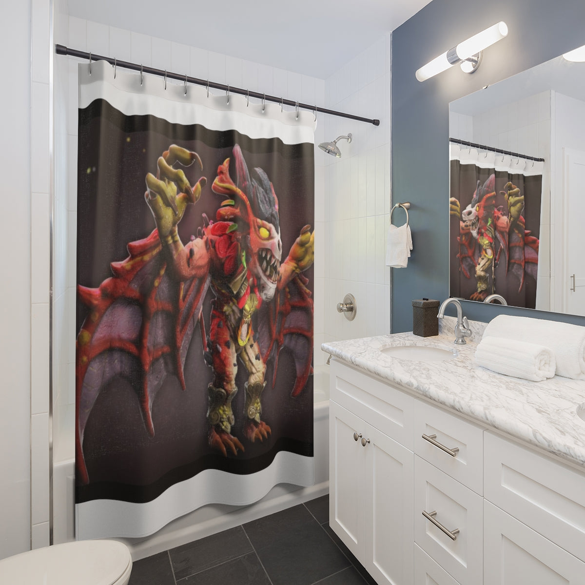 Rock Creature Shower Curtain featuring vibrant designs on durable polyester fabric, perfect for adding style to any bathroom.