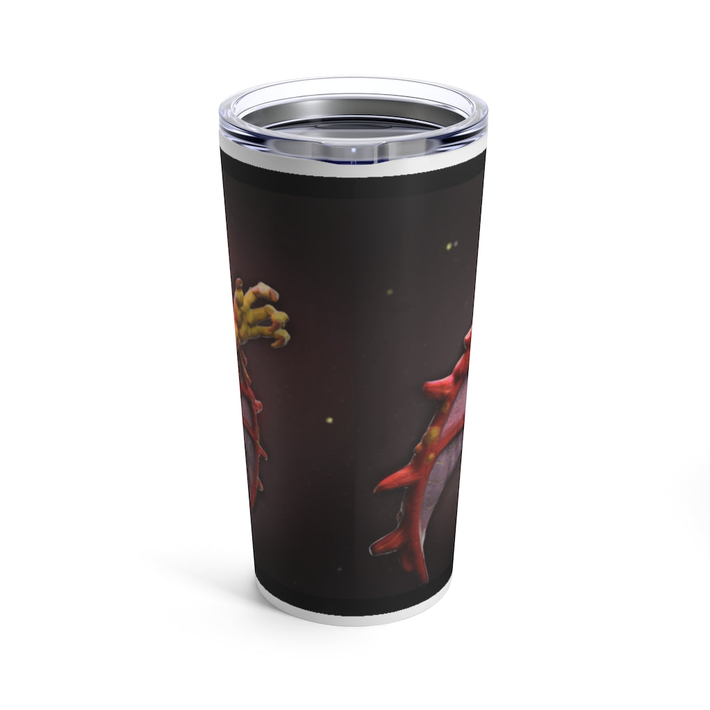 Rock Creature Tumbler 20oz in stainless steel with a see-thru plastic lid, showcasing its sleek design and rounded corners.