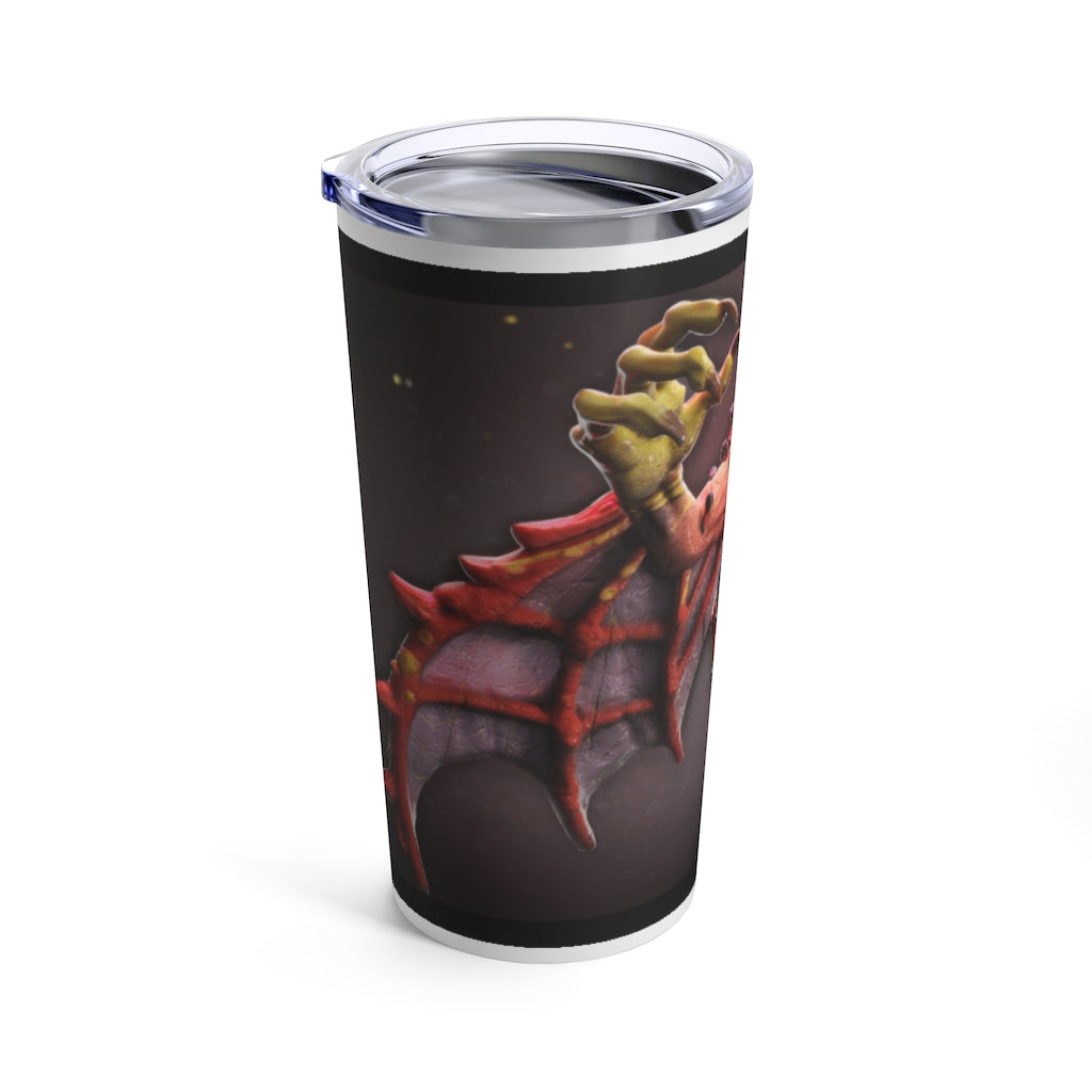 Rock Creature Tumbler 20oz in stainless steel with a see-thru plastic lid, showcasing its sleek design and rounded corners.