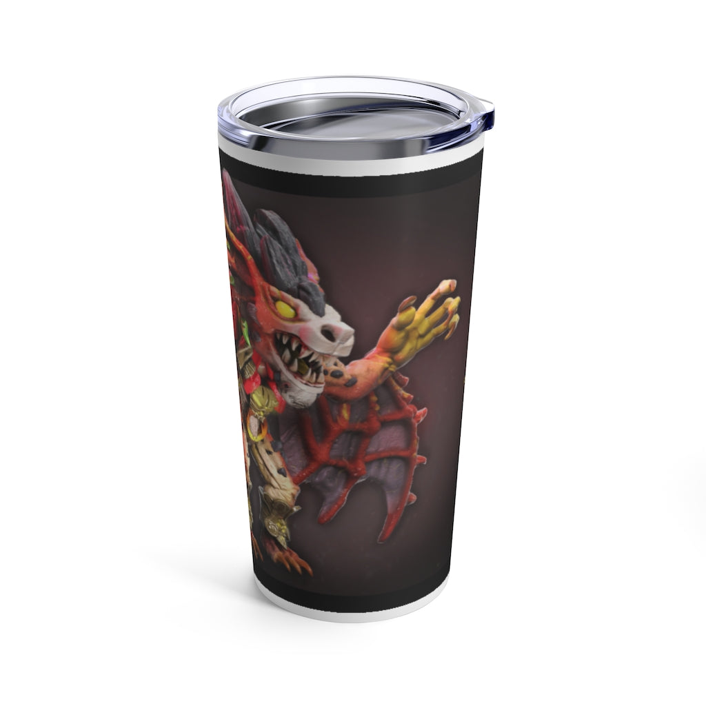 Rock Creature Tumbler 20oz in stainless steel with a see-thru plastic lid, showcasing its sleek design and rounded corners.