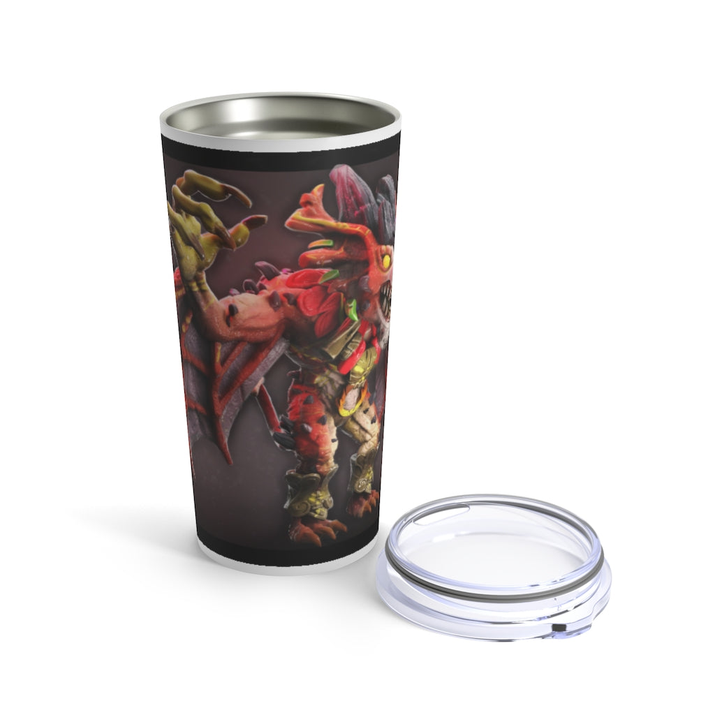 Rock Creature Tumbler 20oz in stainless steel with a see-thru plastic lid, showcasing its sleek design and rounded corners.