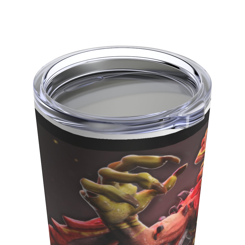 Rock Creature Tumbler 20oz in stainless steel with a see-thru plastic lid, showcasing its sleek design and rounded corners.