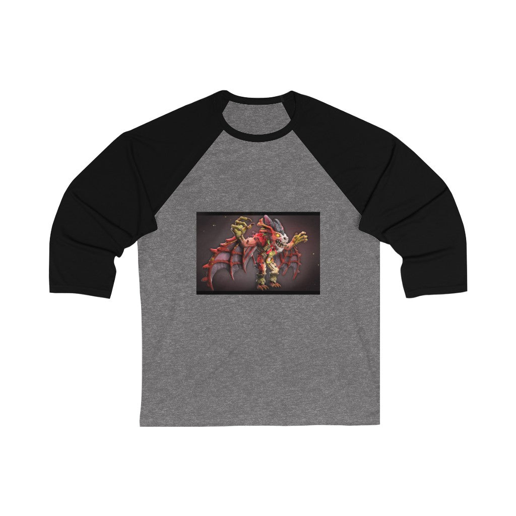 Rock Creature Unisex 3/4 Sleeve Baseball Tee showcasing a stylish design with a ribbed collar and comfortable fit.