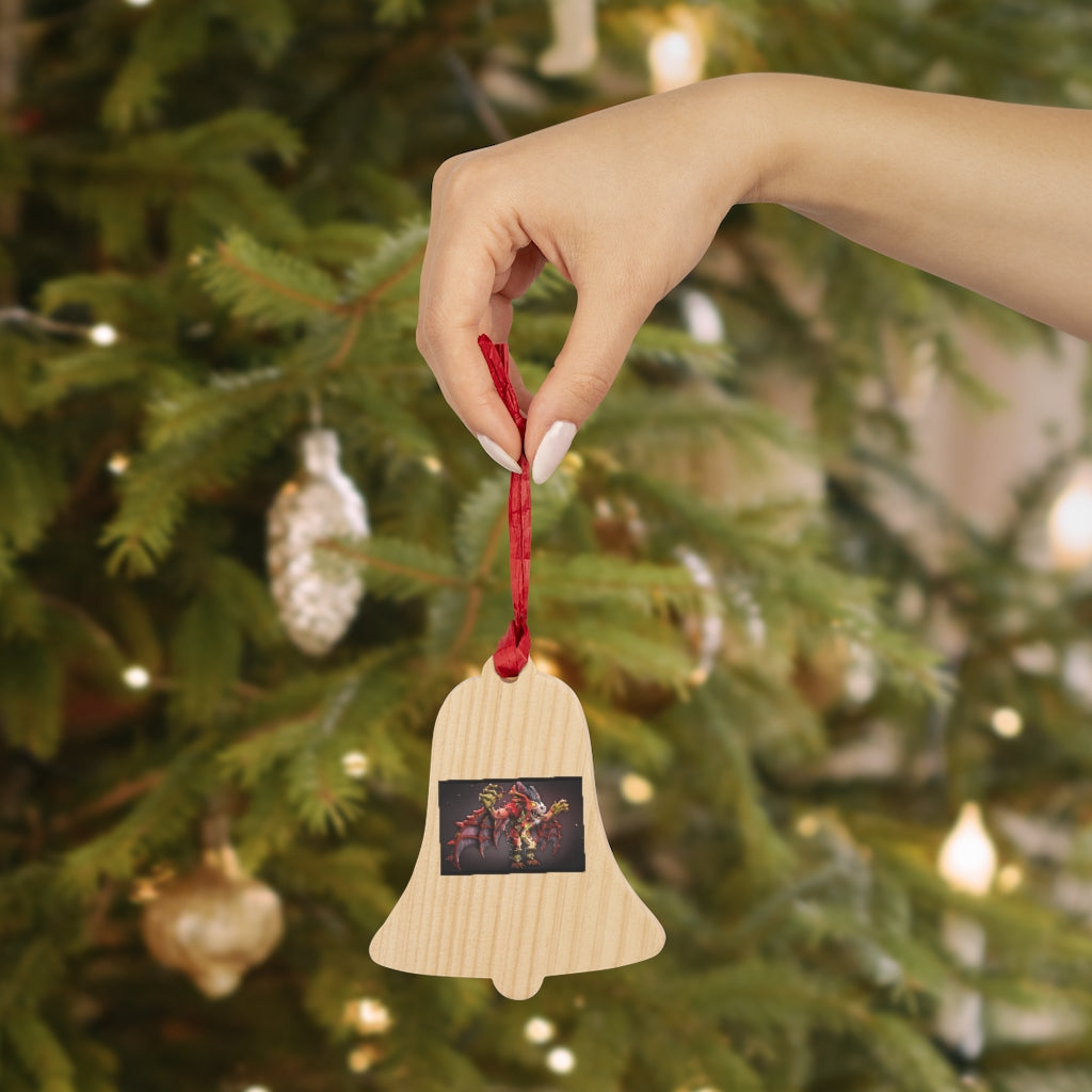 Rock Creature Wooden Christmas Ornaments in various whimsical shapes, featuring a rustic wood finish and red ribbons for hanging.