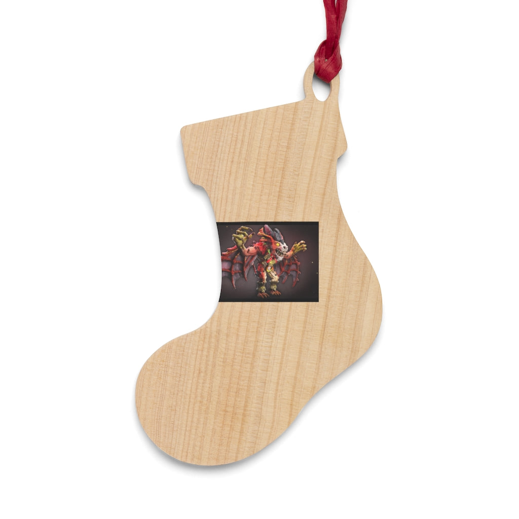 Rock Creature Wooden Christmas Ornaments in various whimsical shapes, featuring a rustic wood finish and red ribbons for hanging.