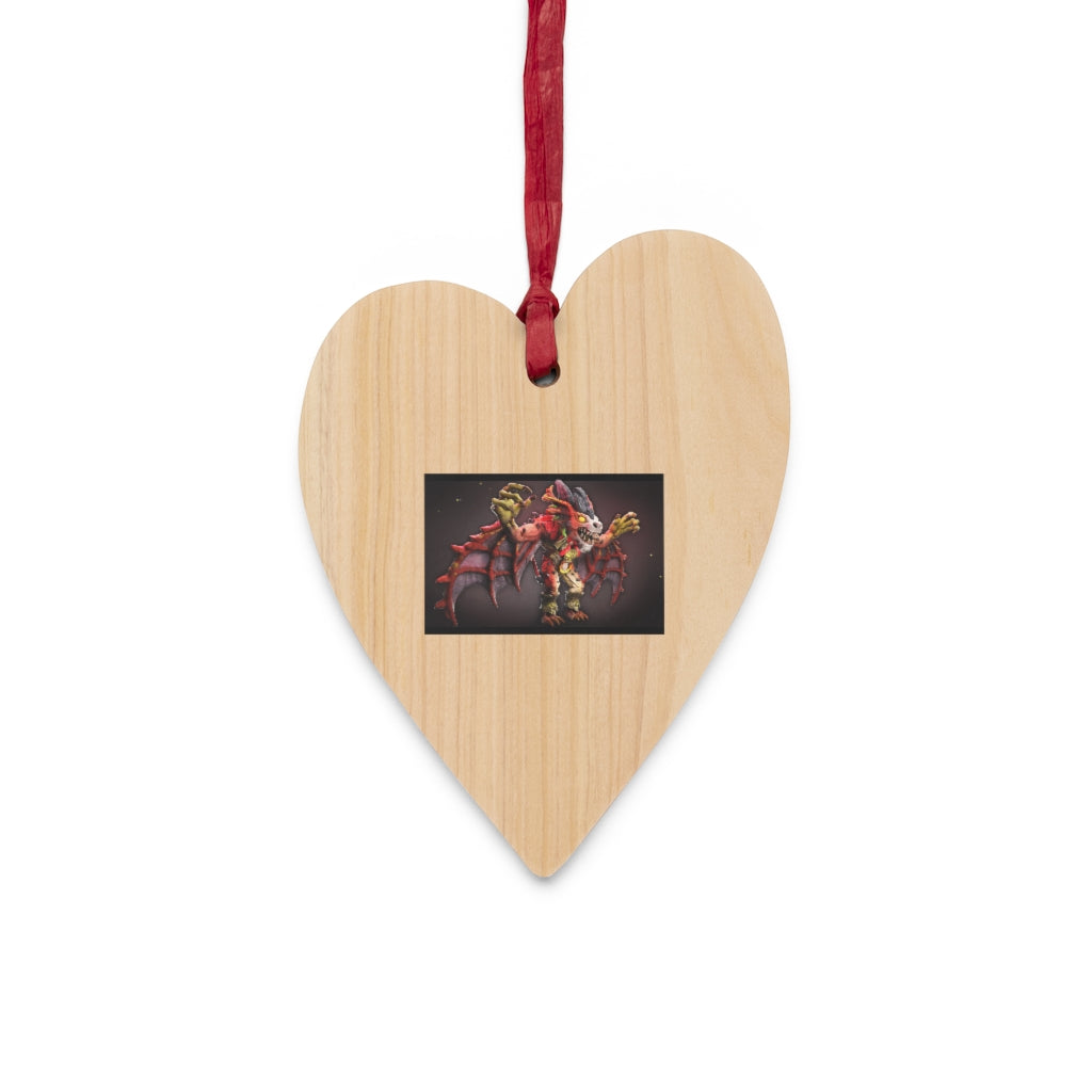 Rock Creature Wooden Christmas Ornaments in various whimsical shapes, featuring a rustic wood finish and red ribbons for hanging.