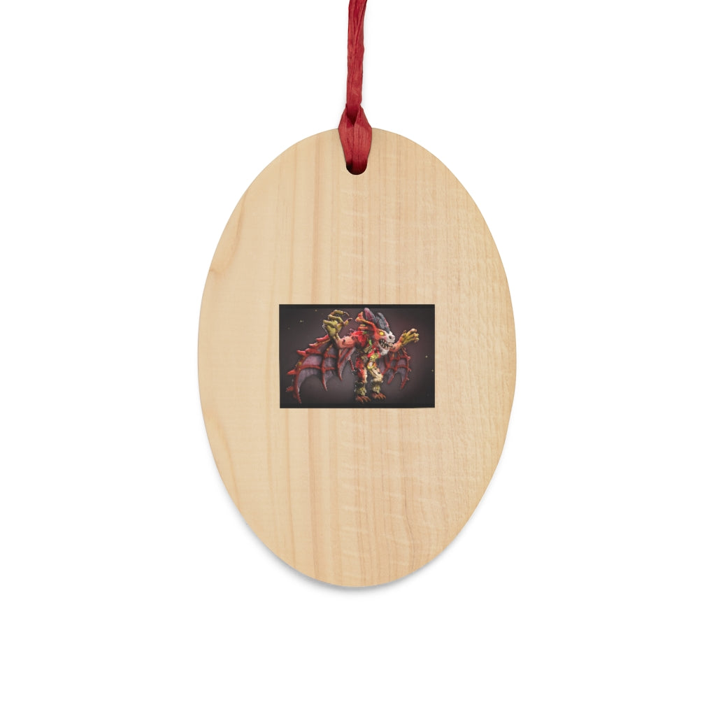 Rock Creature Wooden Christmas Ornaments in various whimsical shapes, featuring a rustic wood finish and red ribbons for hanging.