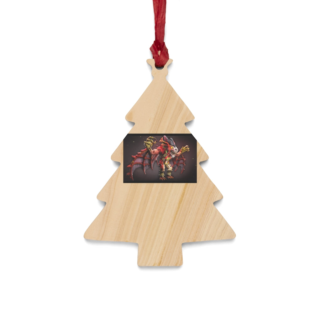 Rock Creature Wooden Christmas Ornaments in various whimsical shapes, featuring a rustic wood finish and red ribbons for hanging.