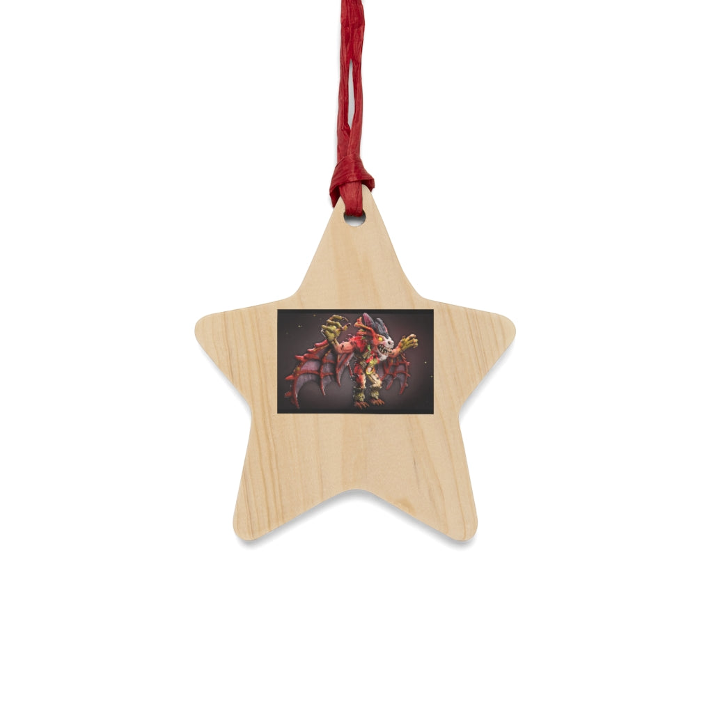 Rock Creature Wooden Christmas Ornaments in various whimsical shapes, featuring a rustic wood finish and red ribbons for hanging.