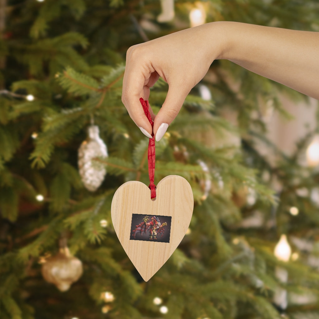 Rock Creature Wooden Christmas Ornaments in various whimsical shapes, featuring a rustic wood finish and red ribbons for hanging.