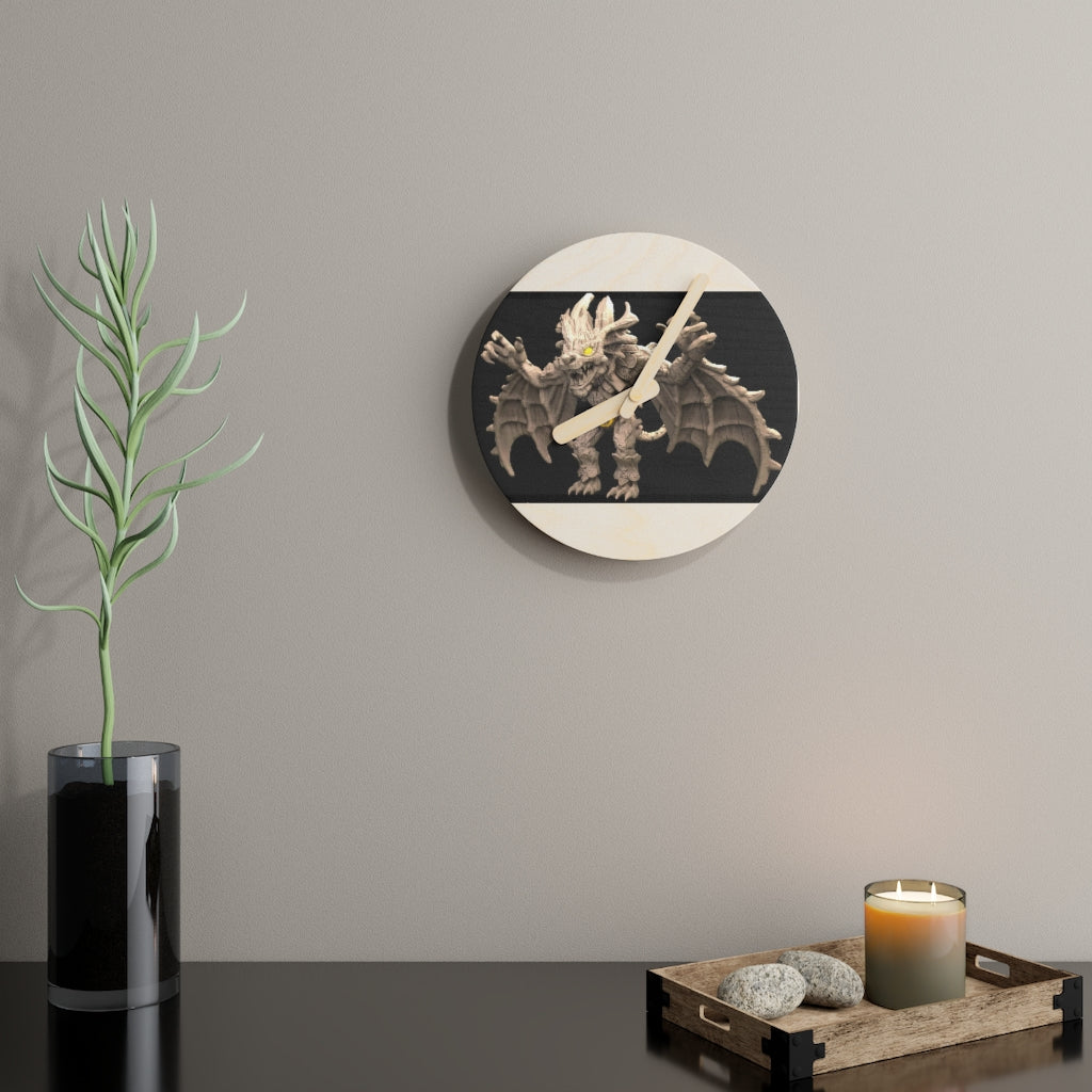 Rock Creature Wooden Wall Clock made from sustainable birch plywood, featuring customizable designs and available in two sizes.