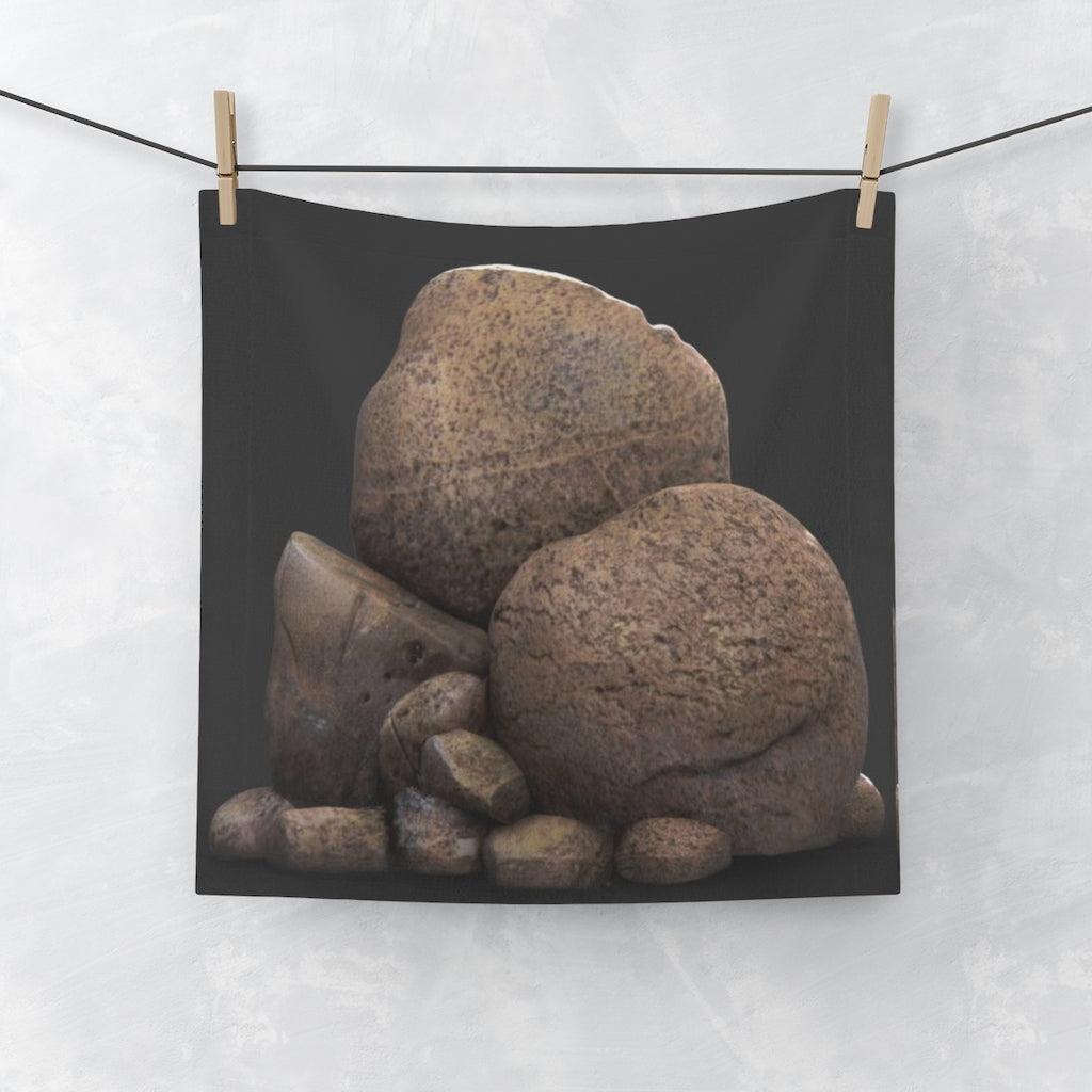 Rock Face Towel featuring a customizable polyester front and soft cotton back, ideal for personal designs.