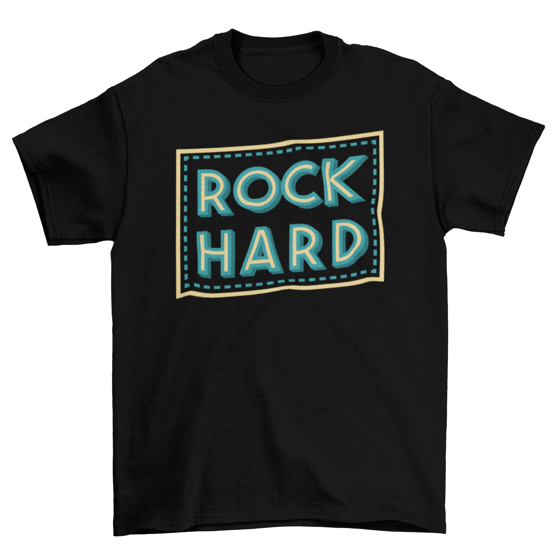 Rock Hard T-Shirt featuring bold lettering in a light blue and yellow frame, perfect for music lovers.