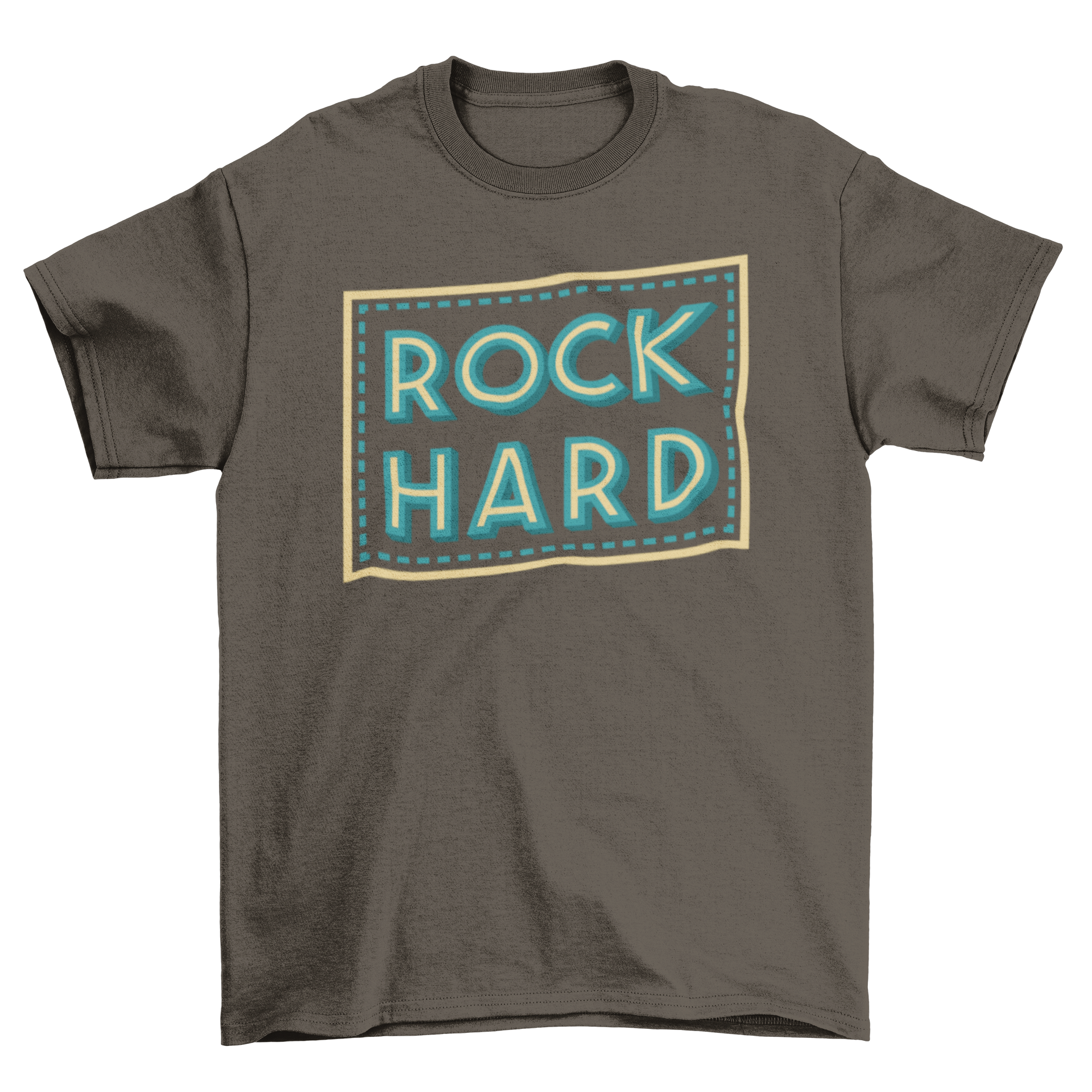 Rock Hard T-Shirt featuring bold lettering in a light blue and yellow frame, perfect for music lovers.