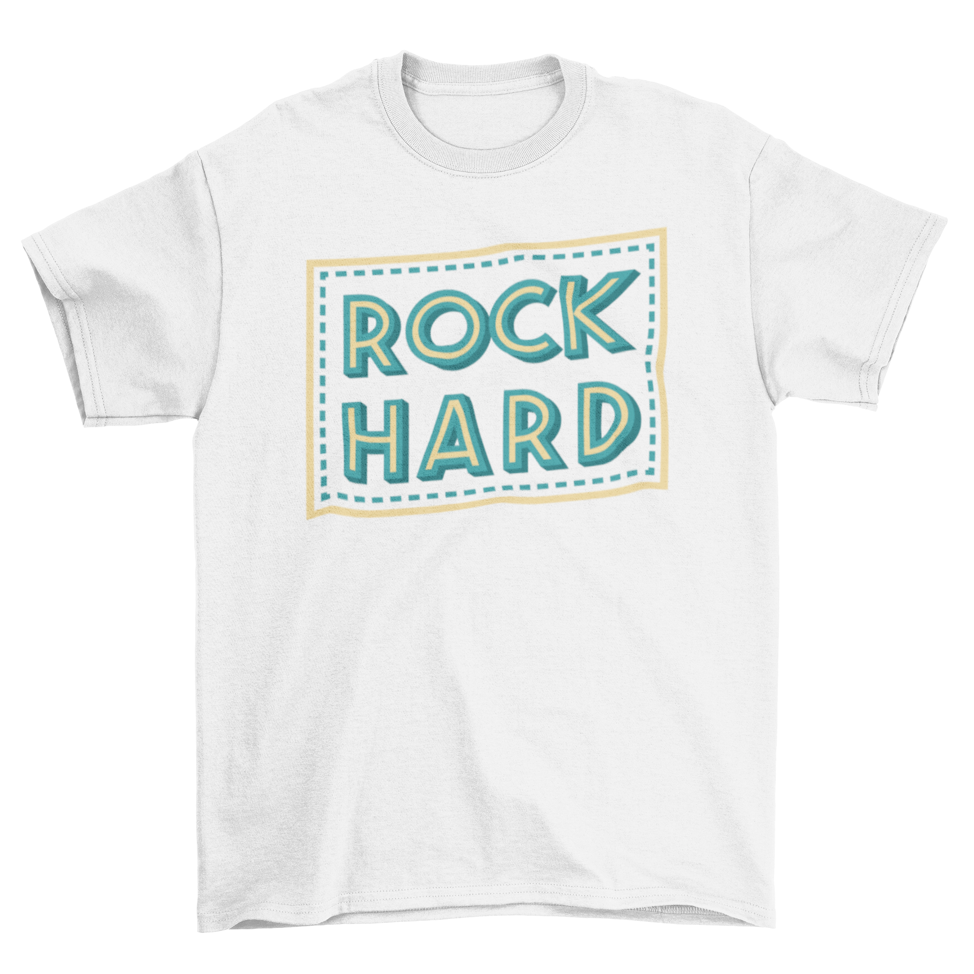 Rock Hard T-Shirt featuring bold lettering in a light blue and yellow frame, perfect for music lovers.