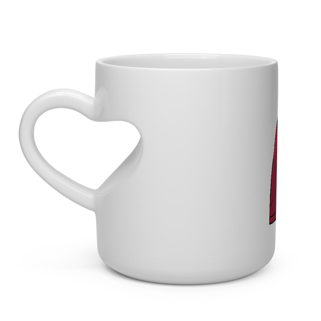 A white ceramic mug shaped like a heart with a heart-shaped handle, perfect for hot beverages.