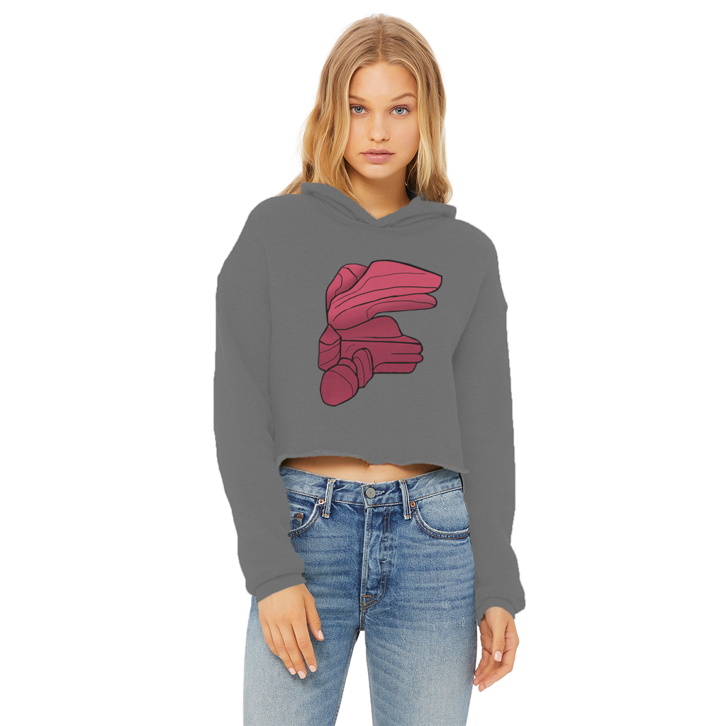 Rock Ladies Cropped Raw Edge Hoodie in various colors, showcasing its stylish cropped design and soft fabric.