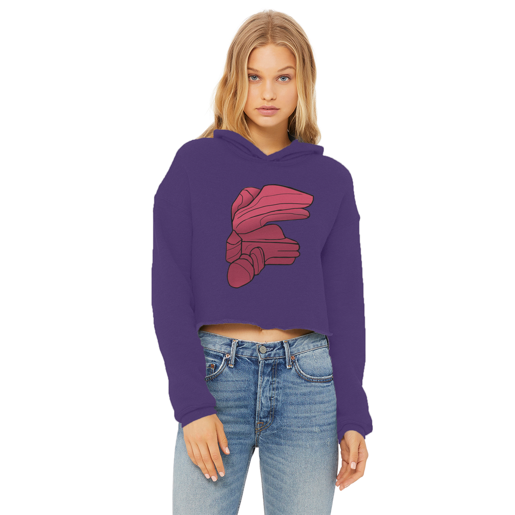 Rock Ladies Cropped Raw Edge Hoodie in various colors, showcasing its stylish cropped design and soft fabric.