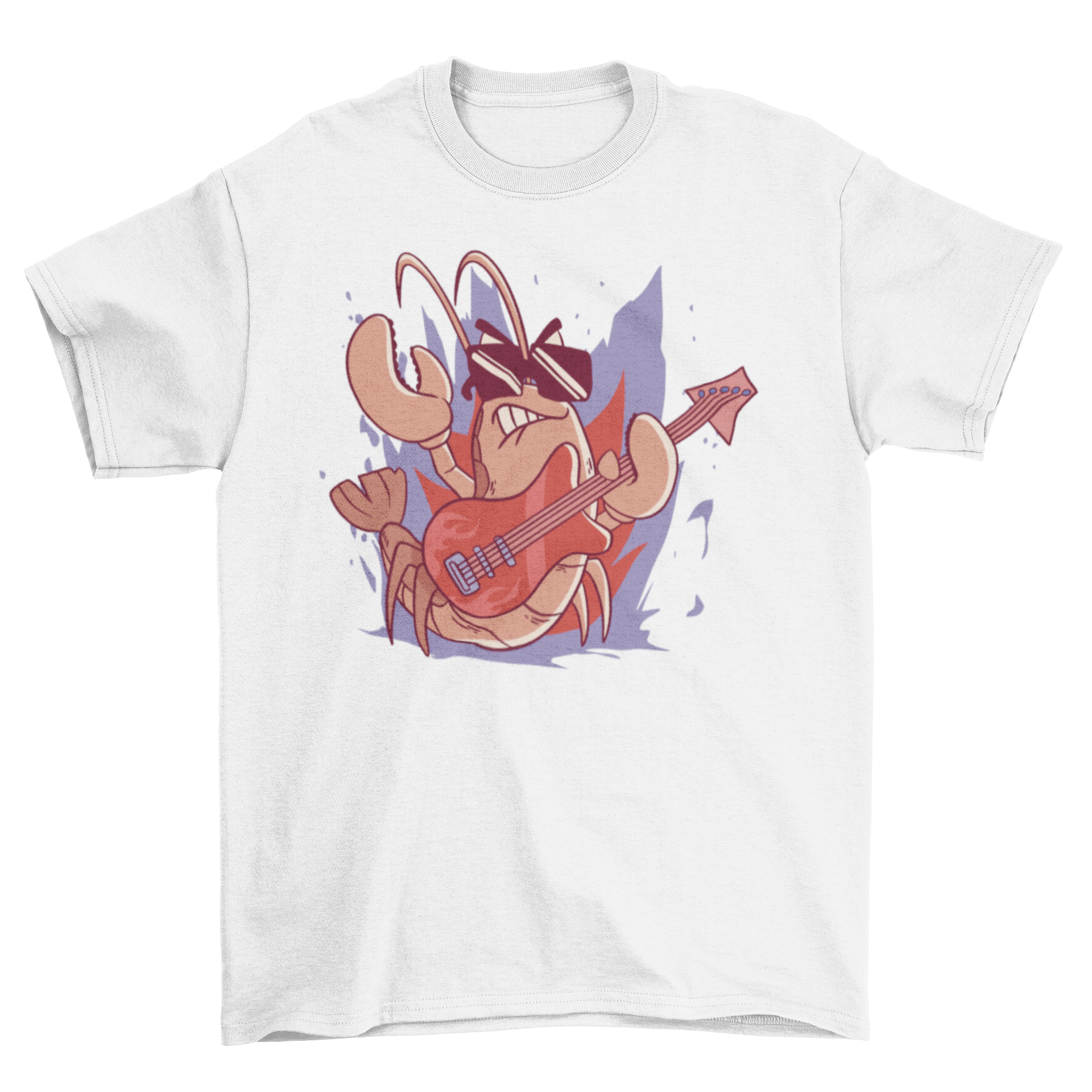 Rock Lobster T-shirt featuring a lobster playing electric guitar with sunglasses.