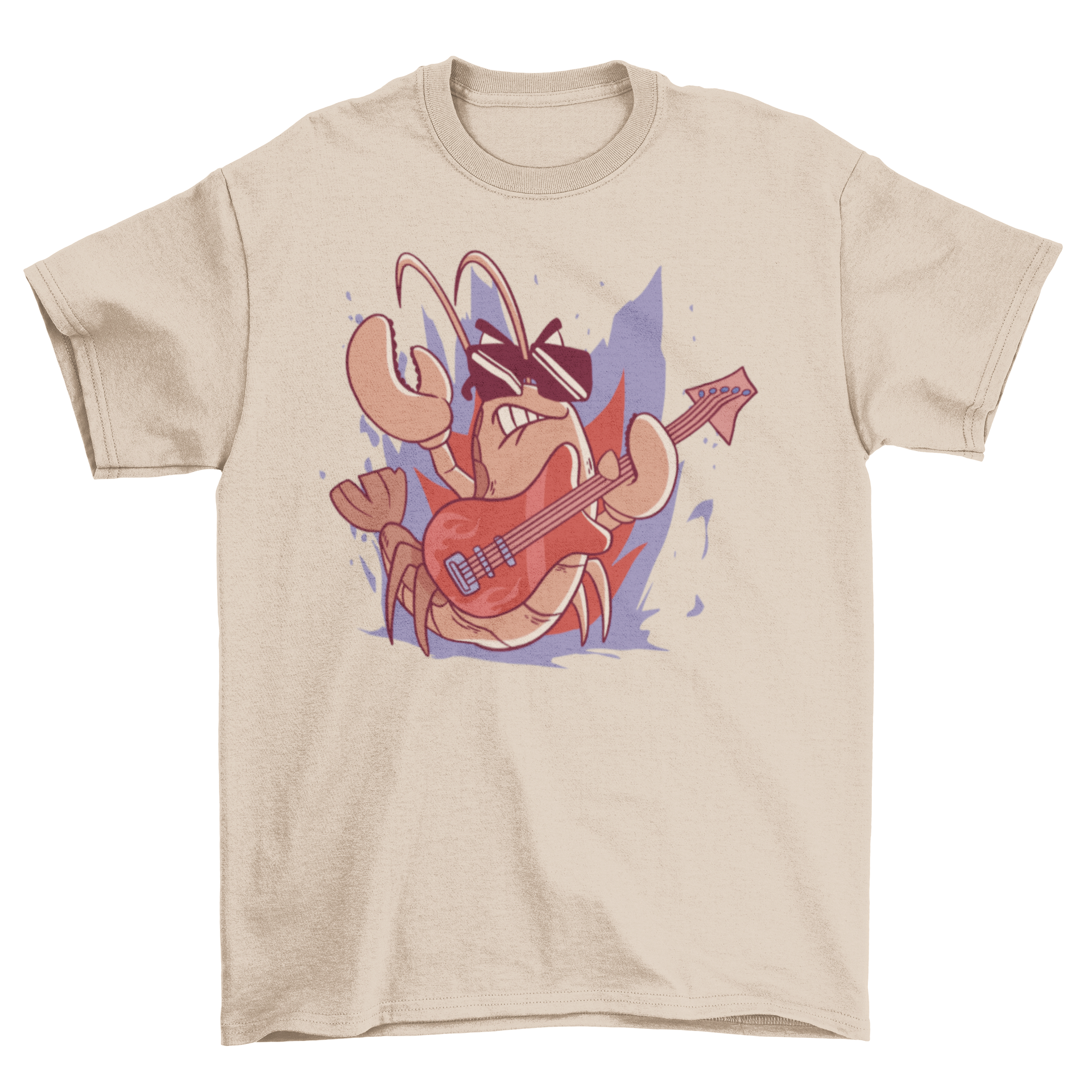 Rock Lobster T-shirt featuring a lobster playing electric guitar with sunglasses.