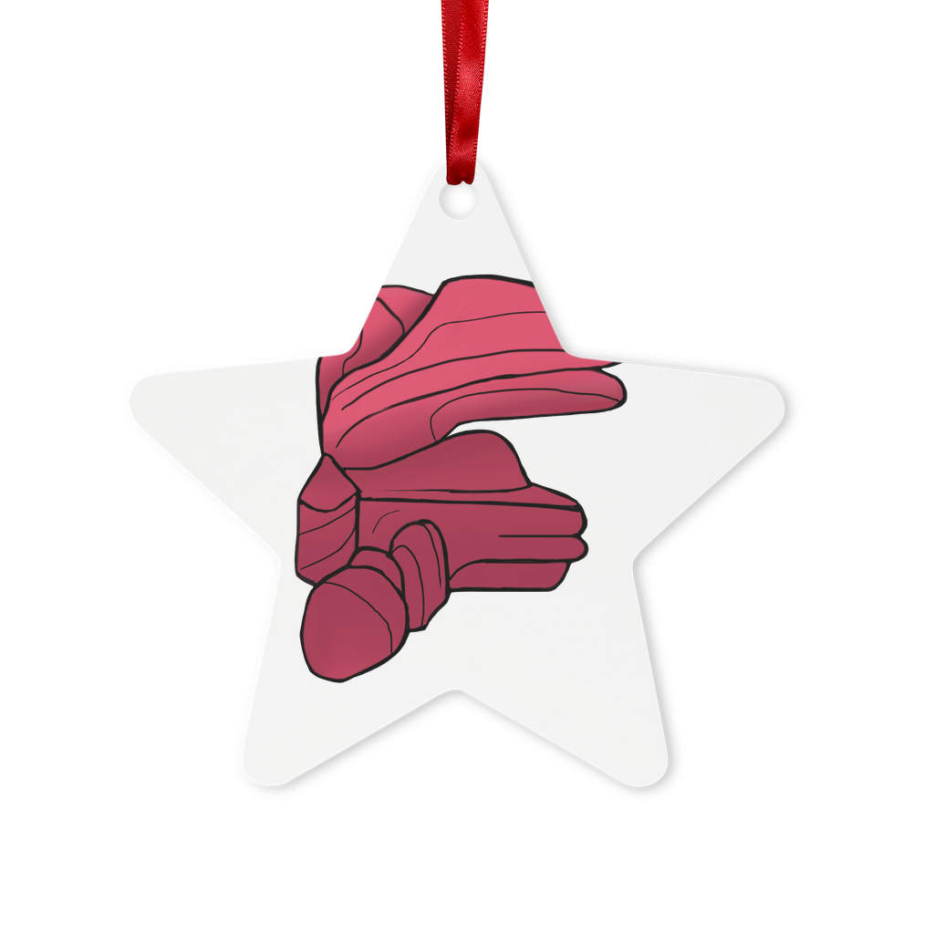 Rock Metal Hanging Ornament in hexagon and star shapes, featuring a gloss white finish and red ribbon for hanging.