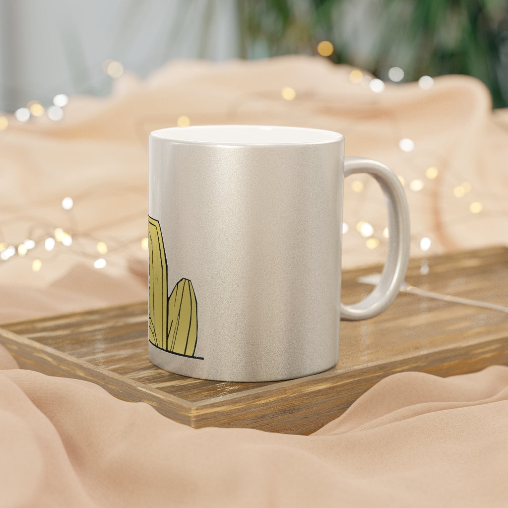 Rock Metallic Mug in Gold and Silver finishes, showcasing personalized designs and a comfortable C-handle.