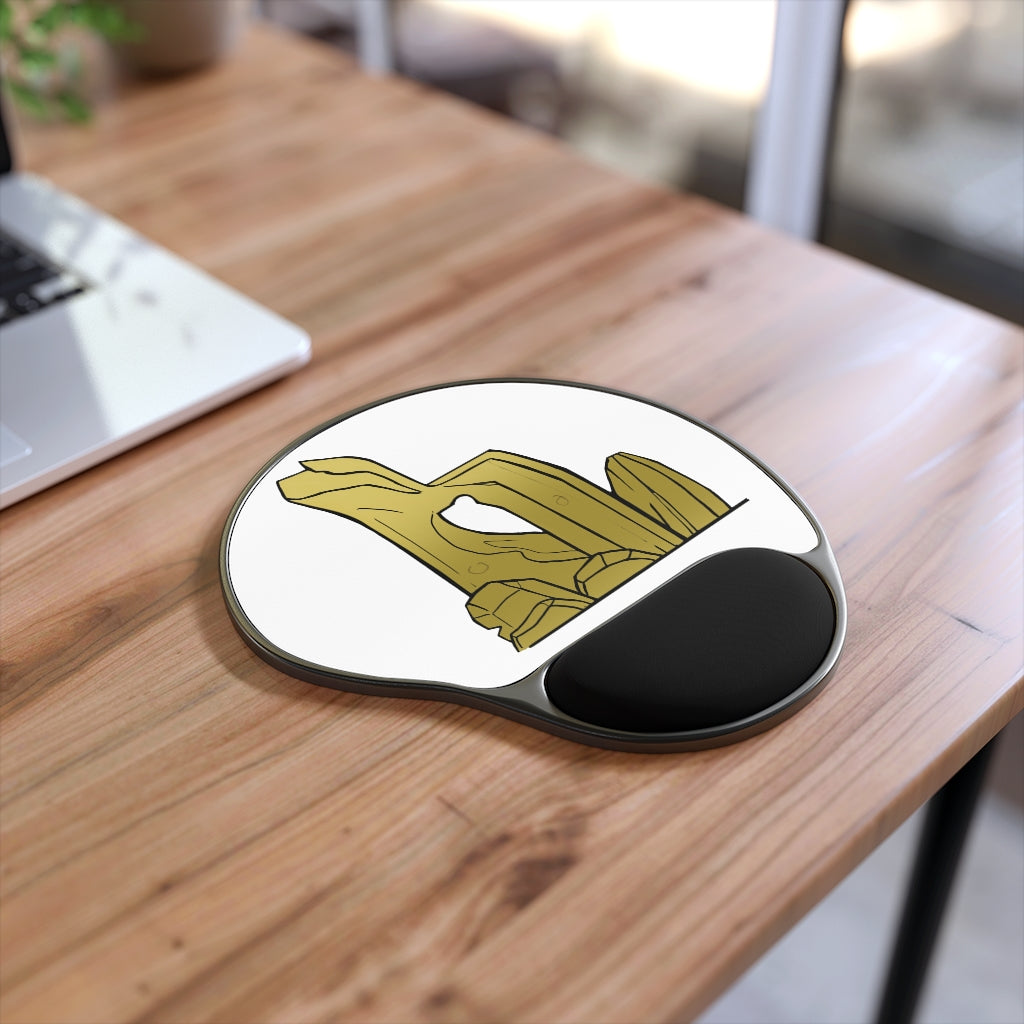 Rock Mouse Pad with ergonomic Memory Foam wrist rest and custom neoprene insert, featuring a foot-shaped black plastic base.