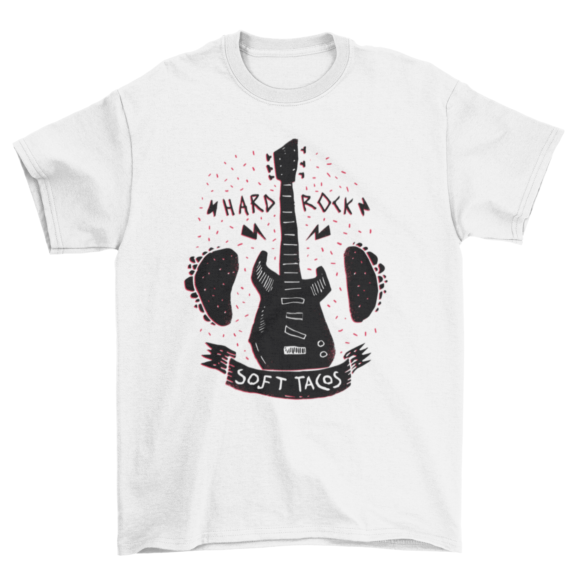 Rock 'n Roll Music Tacos T-shirt featuring a guitar and tacos with the phrase HARD ROCK SOFT TACOS.