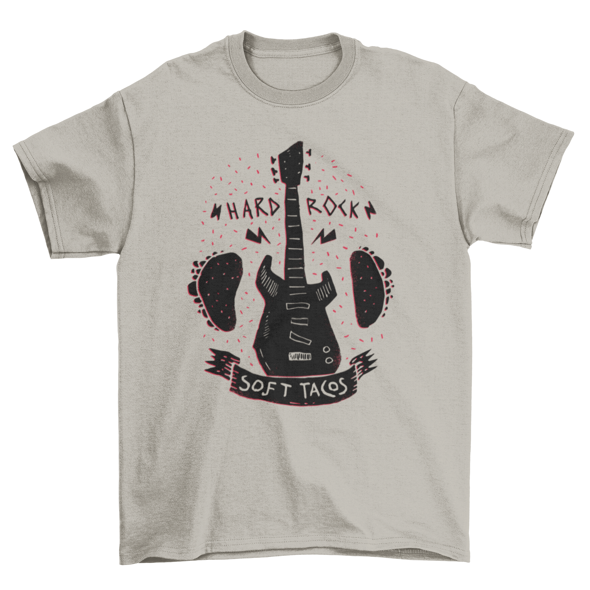 Rock 'n Roll Music Tacos T-shirt featuring a guitar and tacos with the phrase HARD ROCK SOFT TACOS.