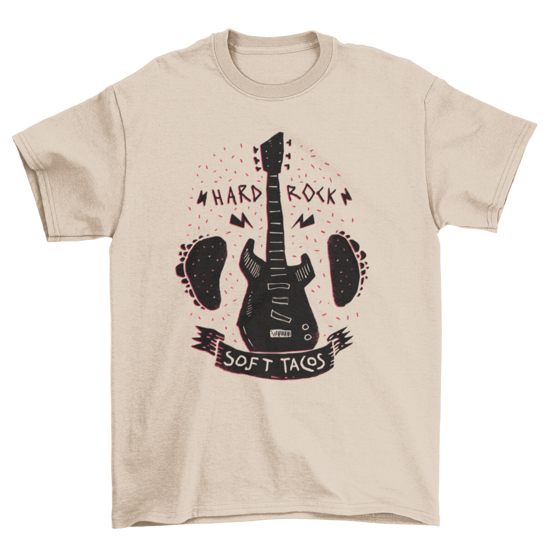 Rock 'n Roll Music Tacos T-shirt featuring a guitar and tacos with the phrase HARD ROCK SOFT TACOS.