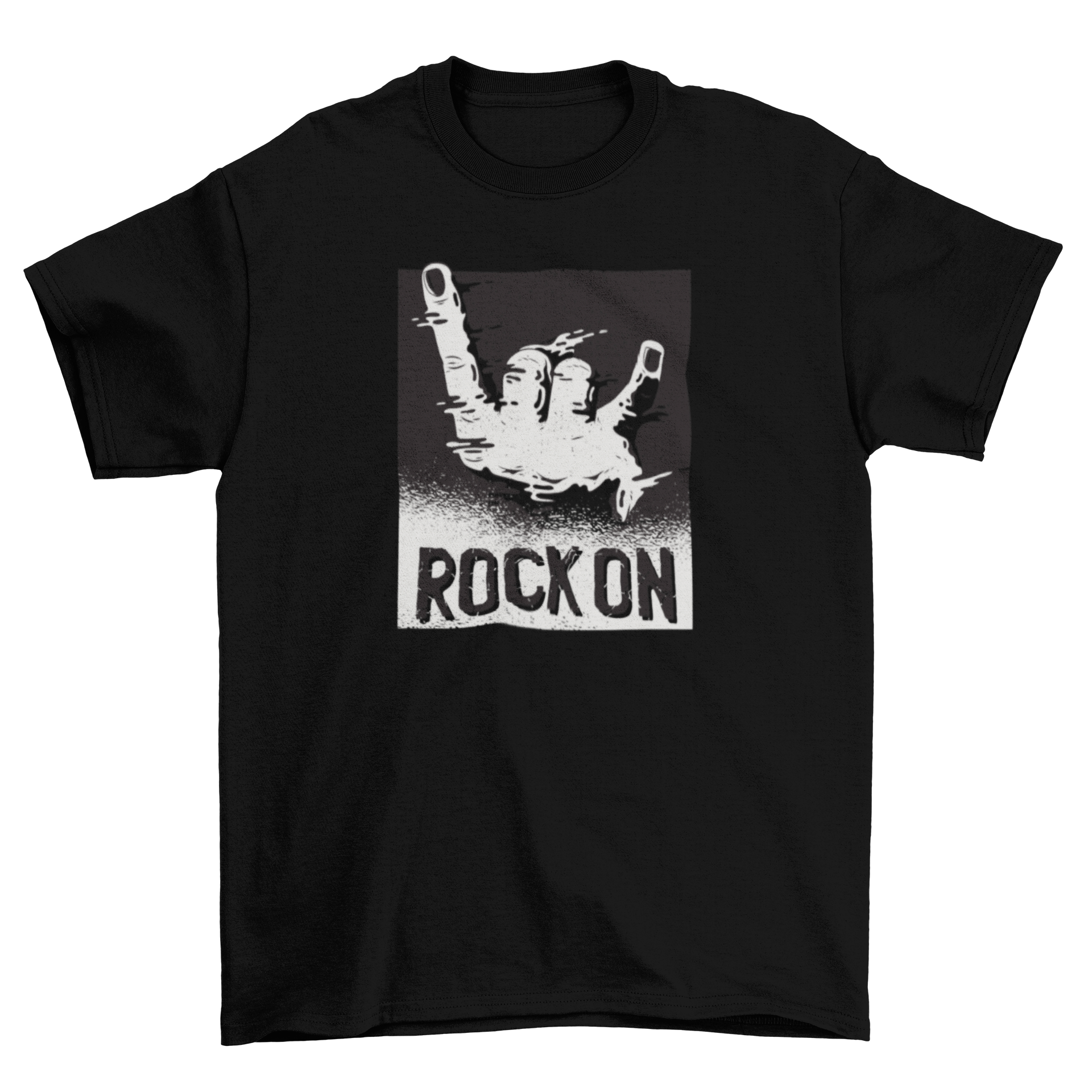 Rock On T-Shirt featuring a distorted hand making the rock gesture, showcasing a bold and stylish design.