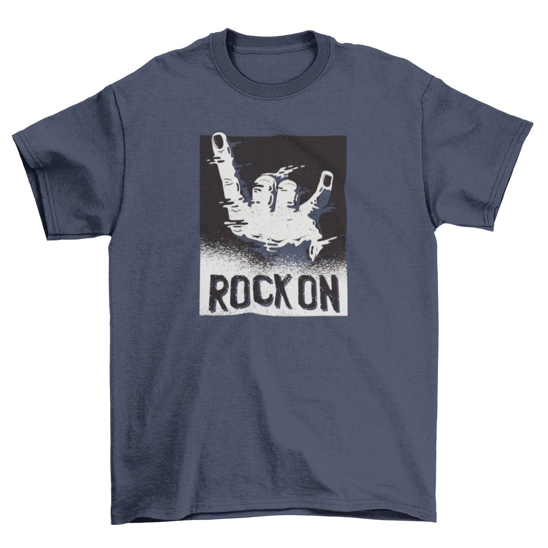 Rock On T-Shirt featuring a distorted hand making the rock gesture, showcasing a bold and stylish design.