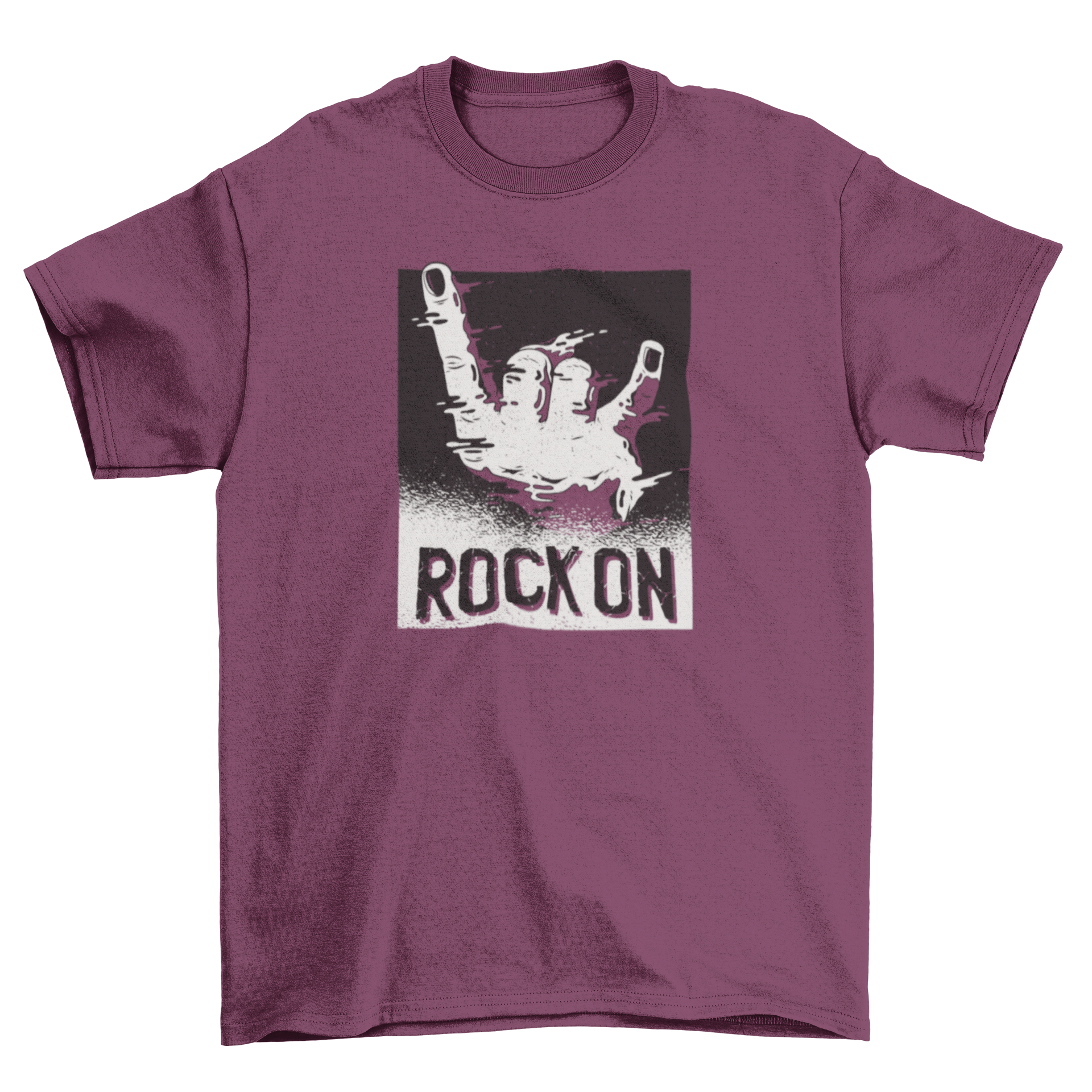 Rock On T-Shirt featuring a distorted hand making the rock gesture, showcasing a bold and stylish design.