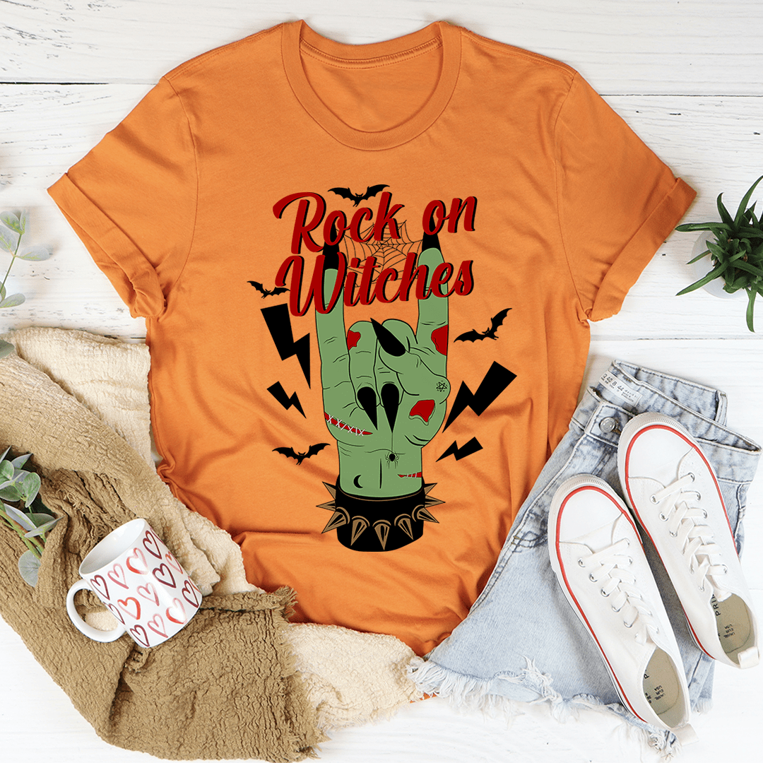 Rock On Witches T-Shirt featuring a stylish design, made from soft ring-spun cotton with double stitching for durability.