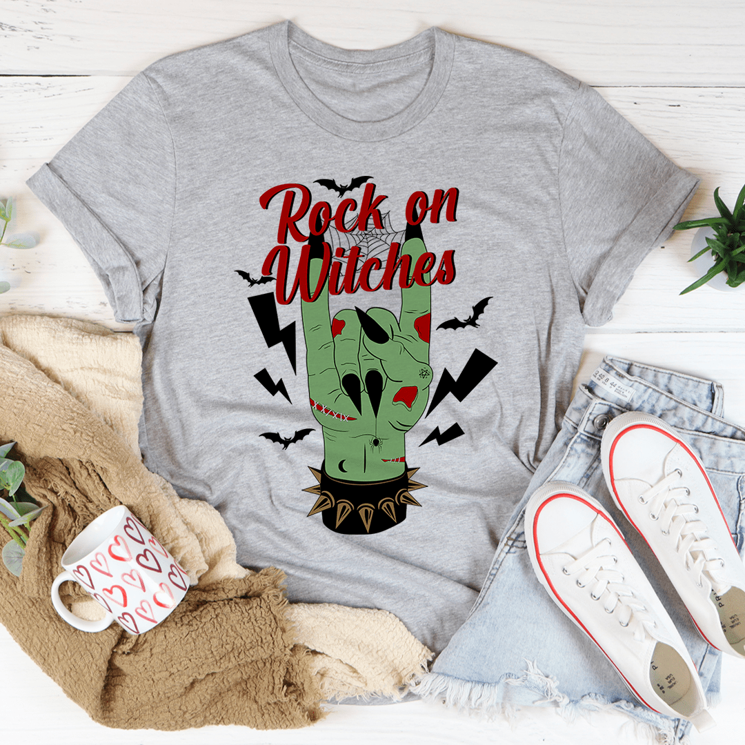 Rock On Witches T-Shirt featuring a stylish design, made from soft ring-spun cotton with double stitching for durability.