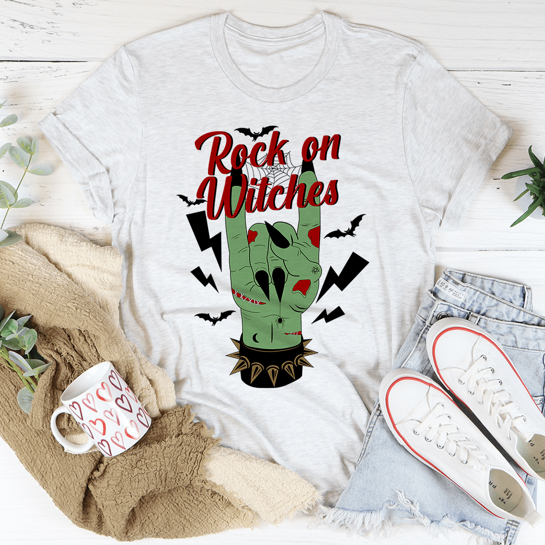 Rock On Witches T-Shirt featuring a stylish design, made from soft ring-spun cotton with double stitching for durability.