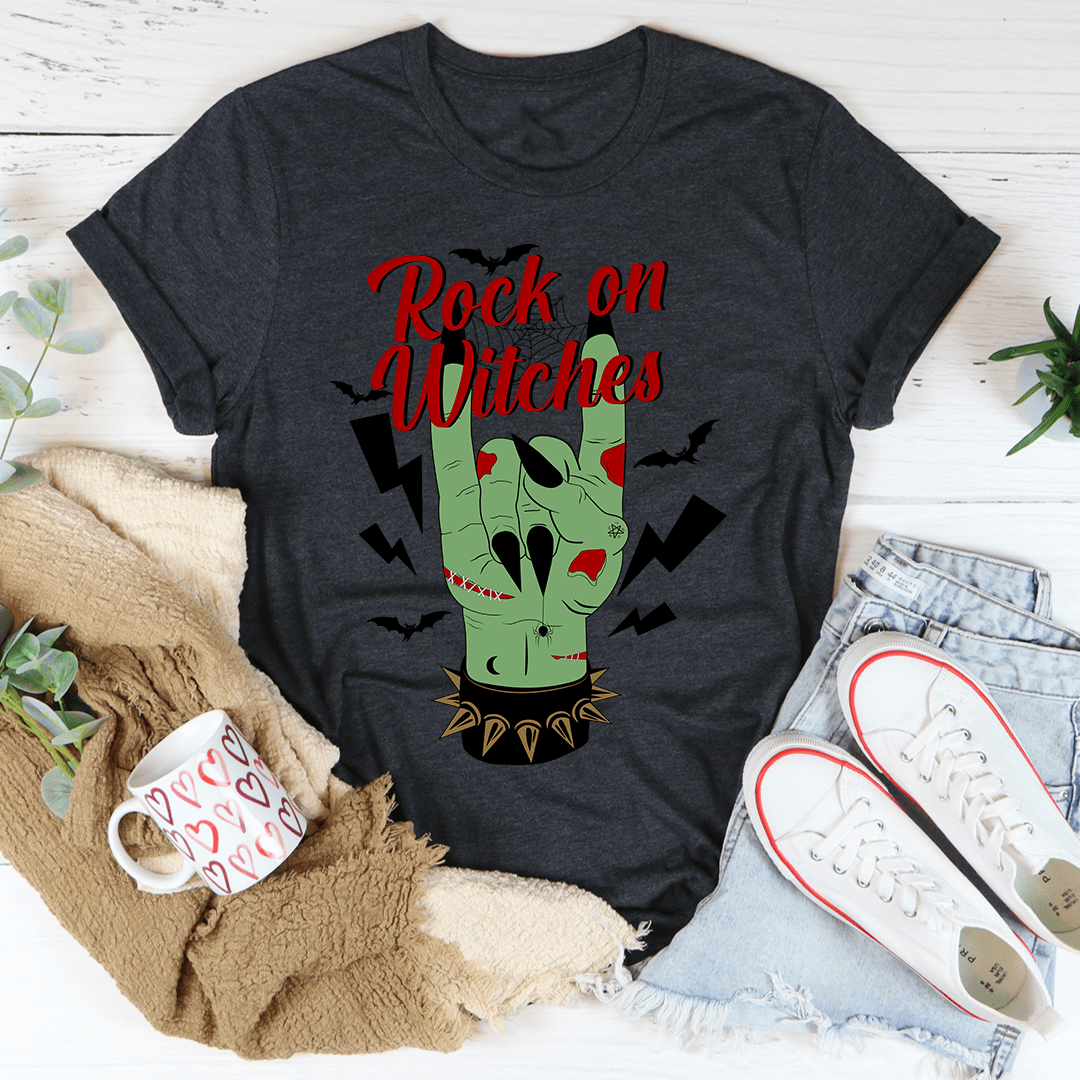 Rock On Witches T-Shirt featuring a stylish design, made from soft ring-spun cotton with double stitching for durability.