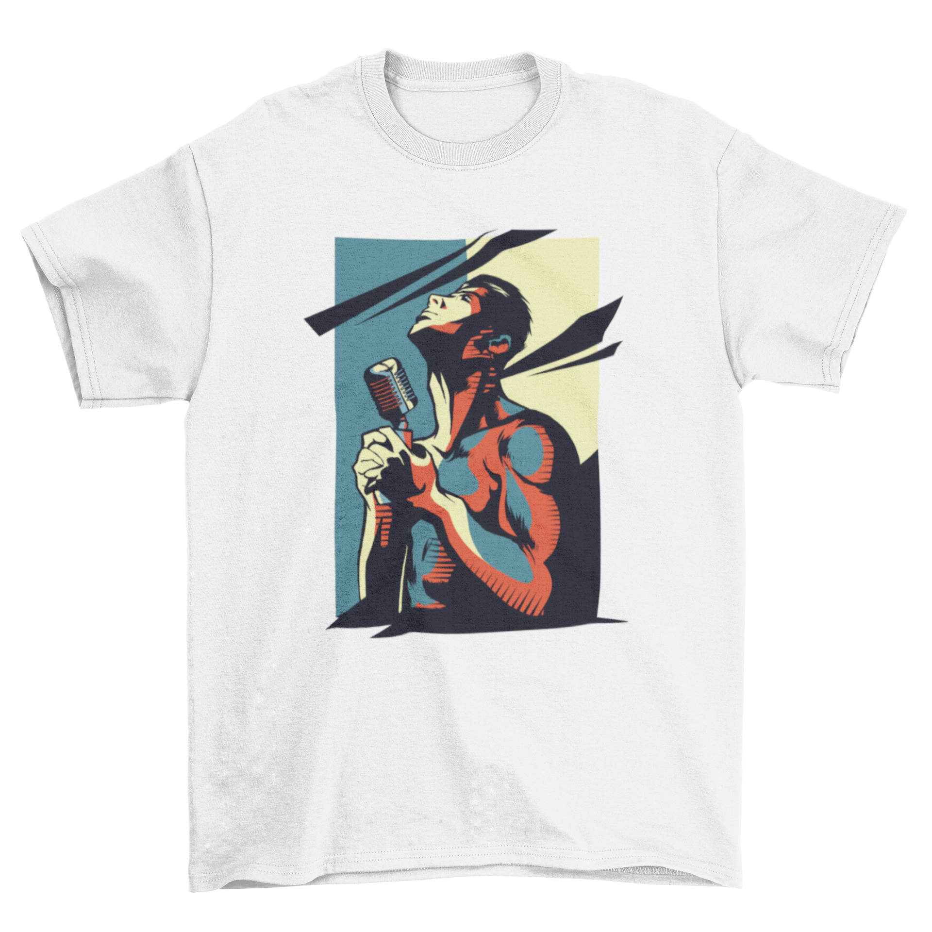 Rock Singer T-Shirt featuring a dynamic design of a singer holding a microphone, looking up with passion.