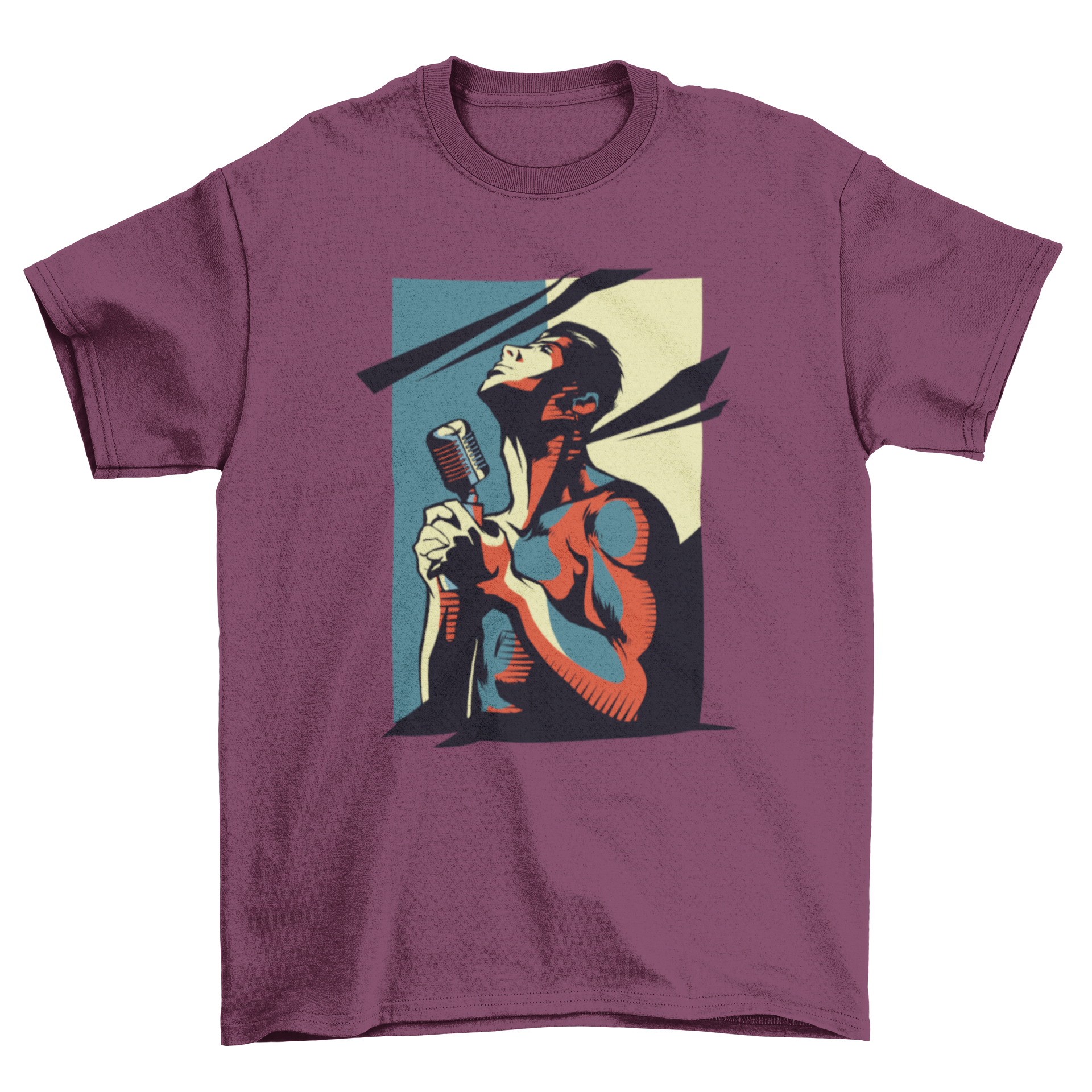 Rock Singer T-Shirt featuring a dynamic design of a singer holding a microphone, looking up with passion.