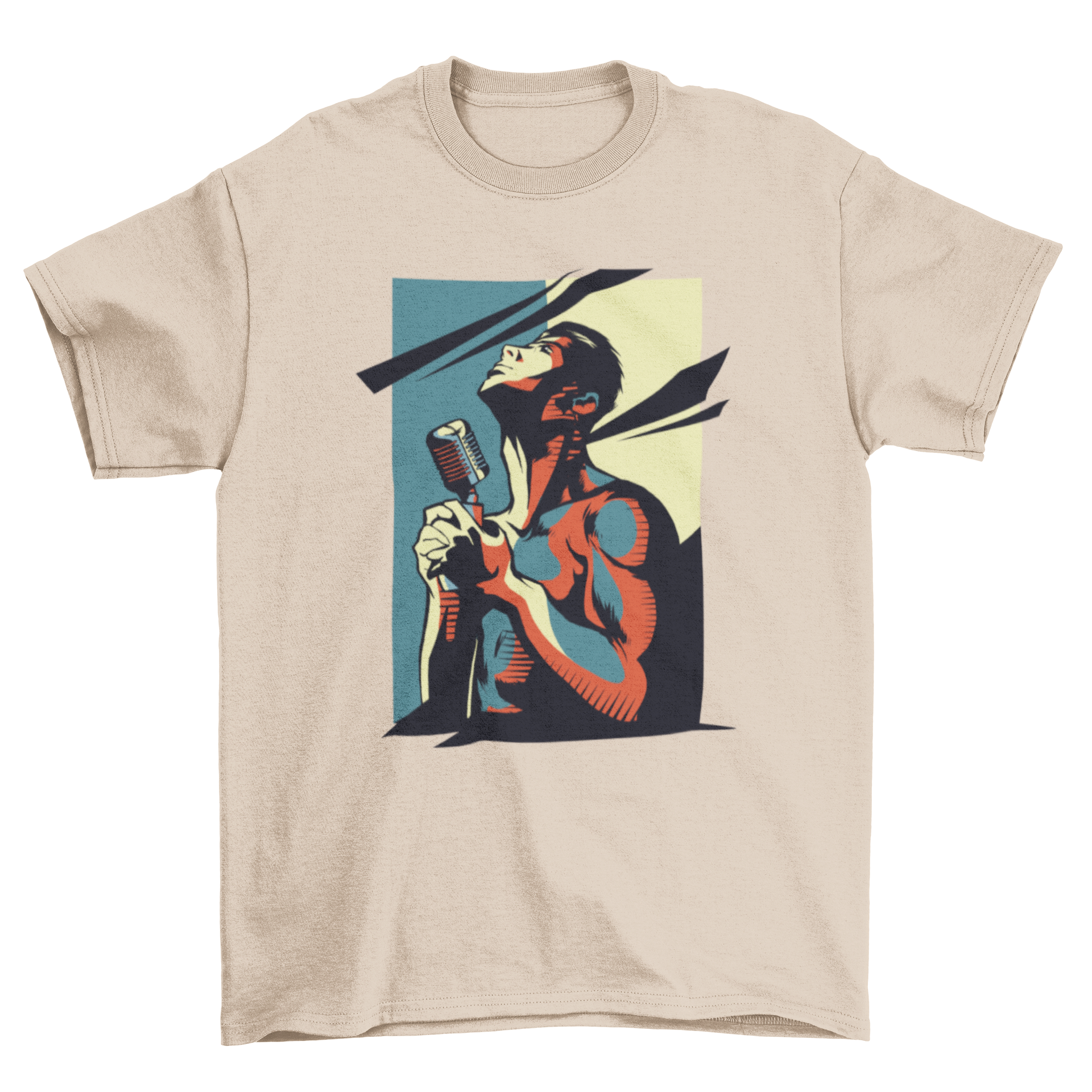 Rock Singer T-Shirt featuring a dynamic design of a singer holding a microphone, looking up with passion.